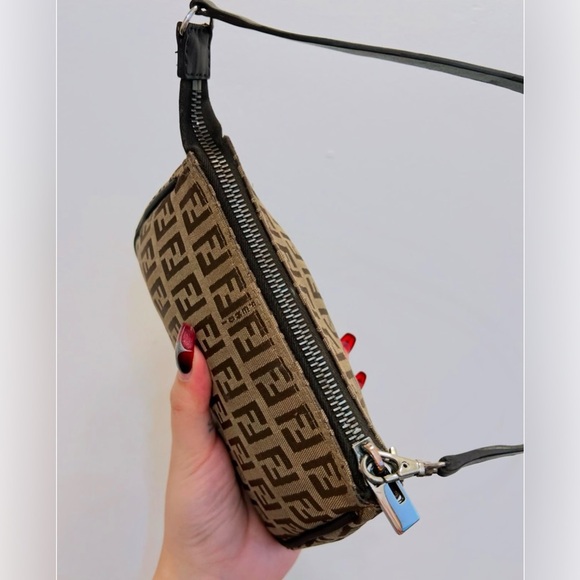 FENDI Hand Bag Tote FF Zucchino Pouch Purse Canvas Leather Brown Authentic - Picture 16 of 17